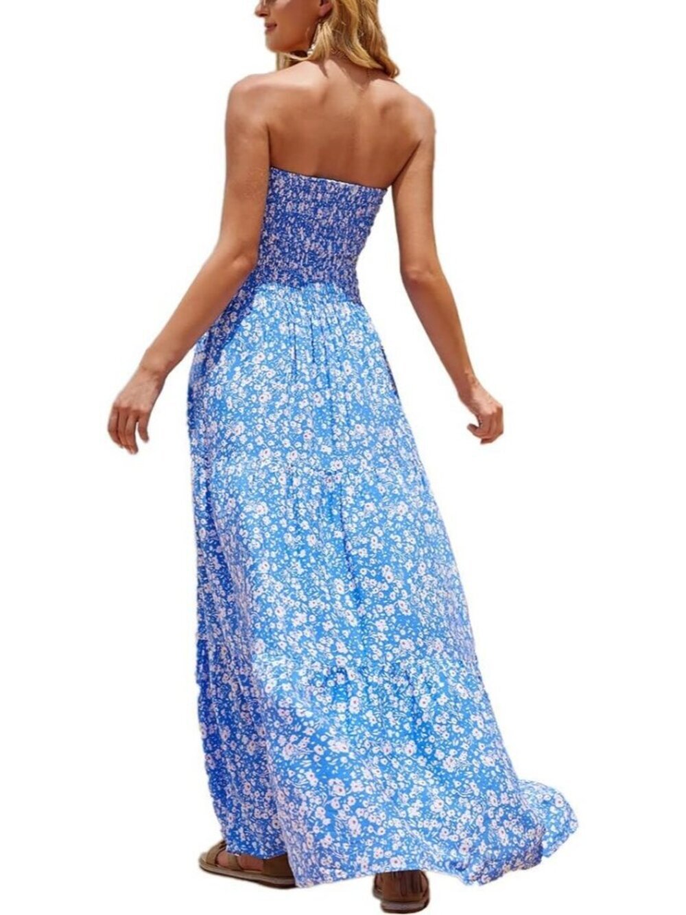 Women's Blue Floral Strapless Tube Top Off Shoulder Boho Beach Long Maxi Dress - Picture 6 of 6